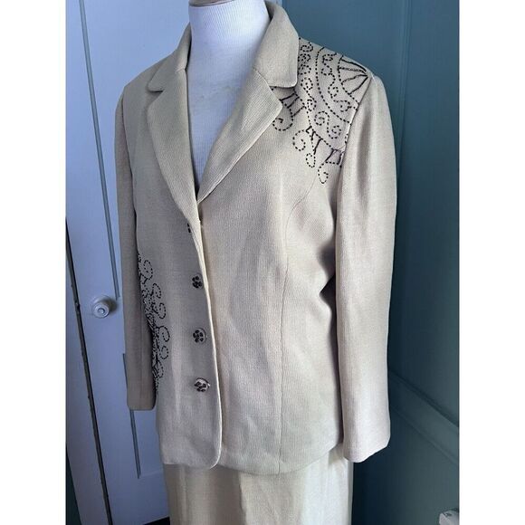 Liorah Womens 18W Champagne Gold Midi Skirt Beaded Jacket Embellished Church - Picture 2 of 12